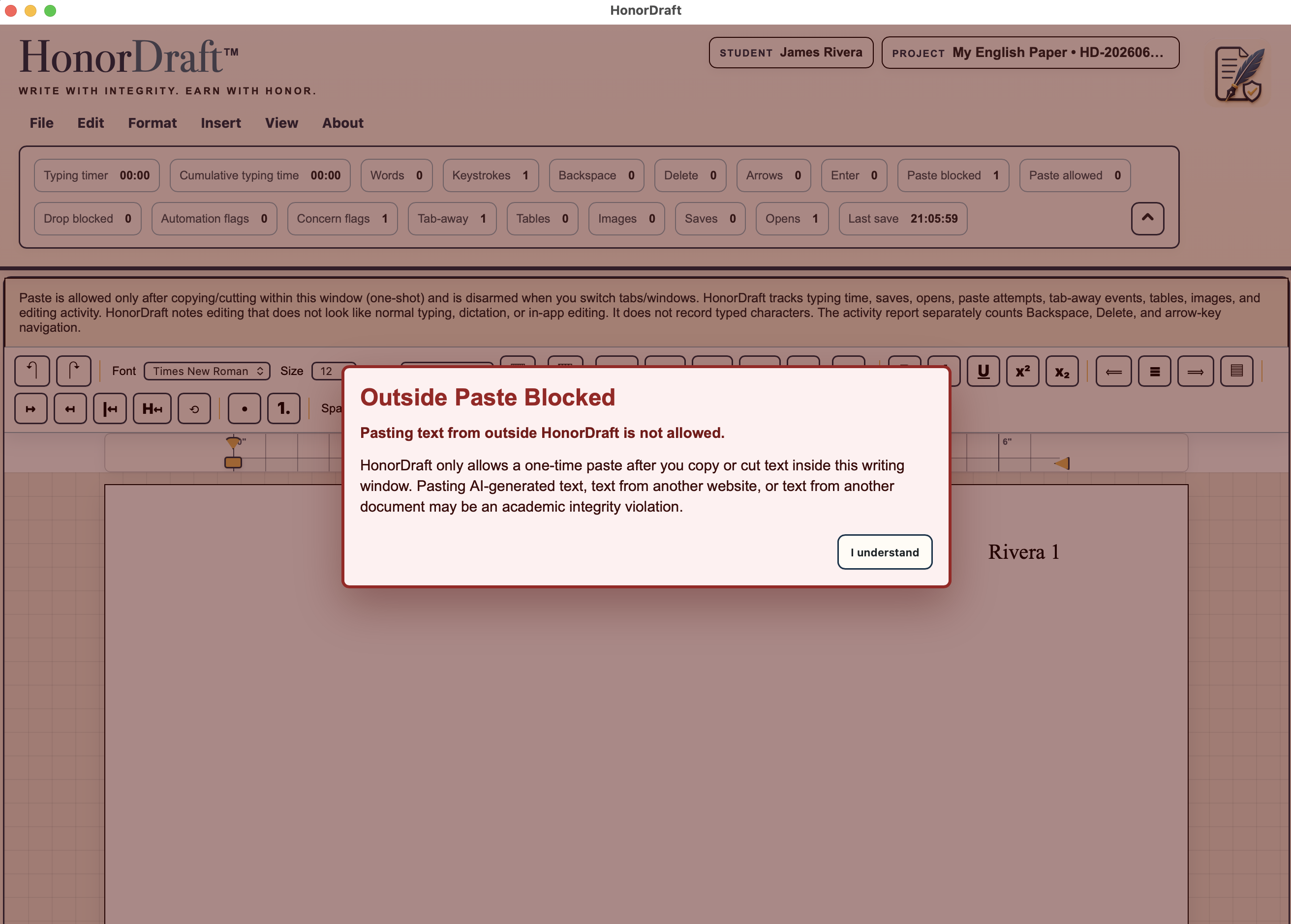 HonorDraft blocked outside paste warning preview