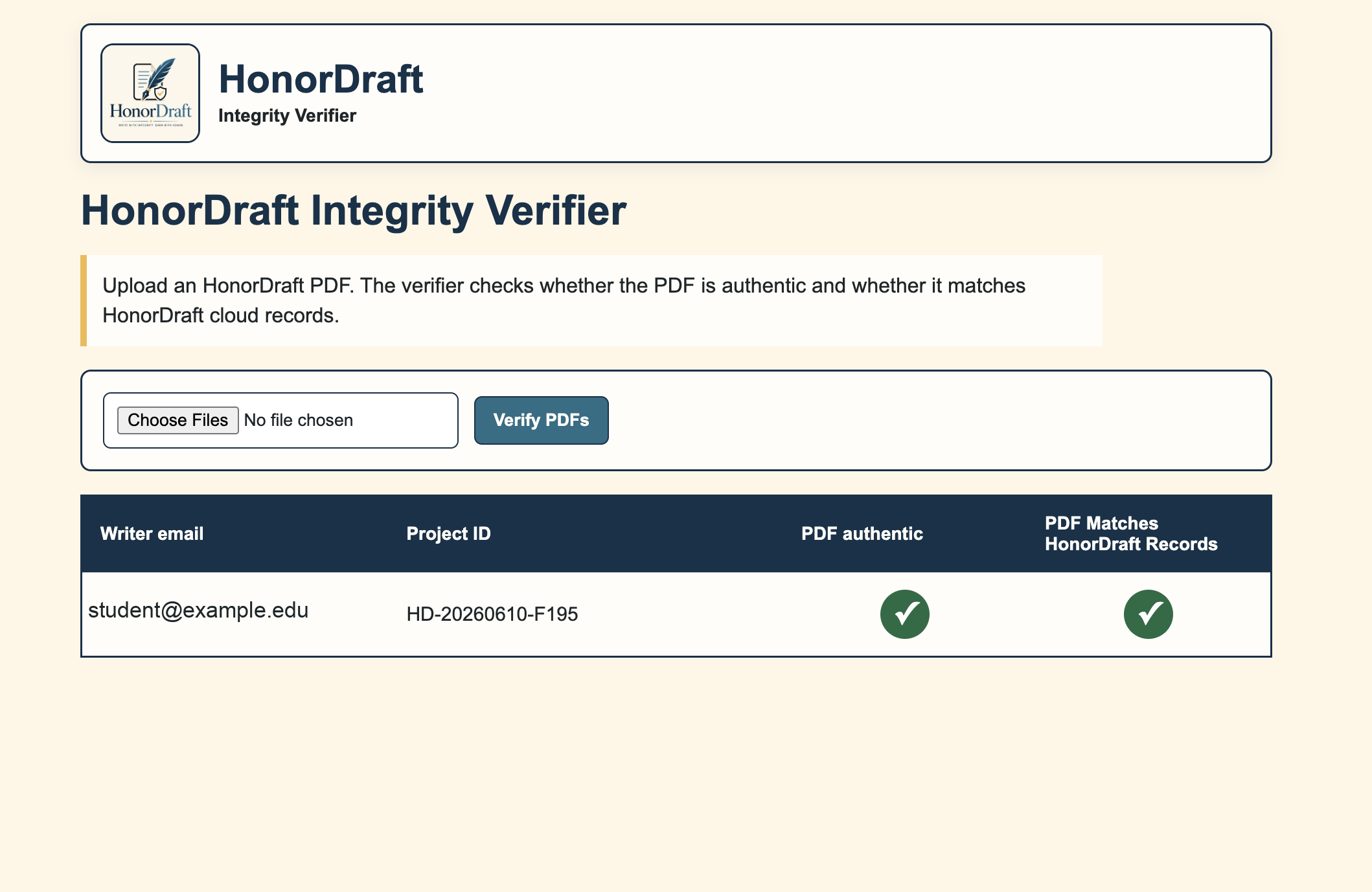 HonorDraft integrity verifier preview with green checks